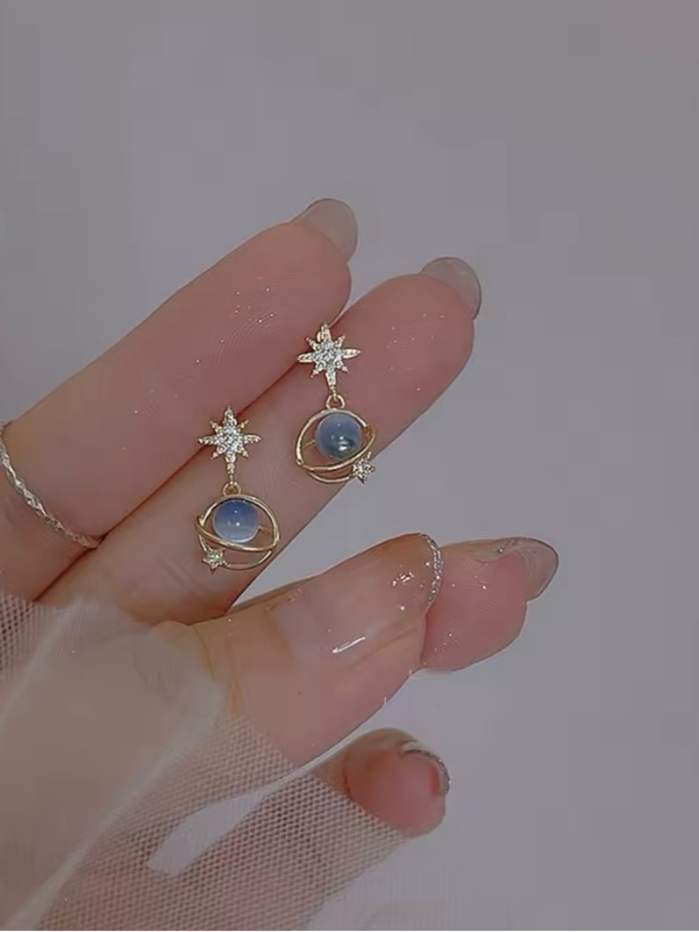 Cosmic Star River Ear Stud Earrings Blue Opal Cat Eye - Picture 6 of 8